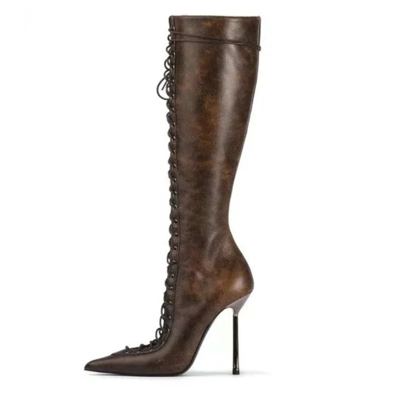 Brand Design Cross Strap Black Red Knee High Autumn Winter Fashion Pointed Spicy Girl Sexy Mid-calf Women Boots Size 34-43
