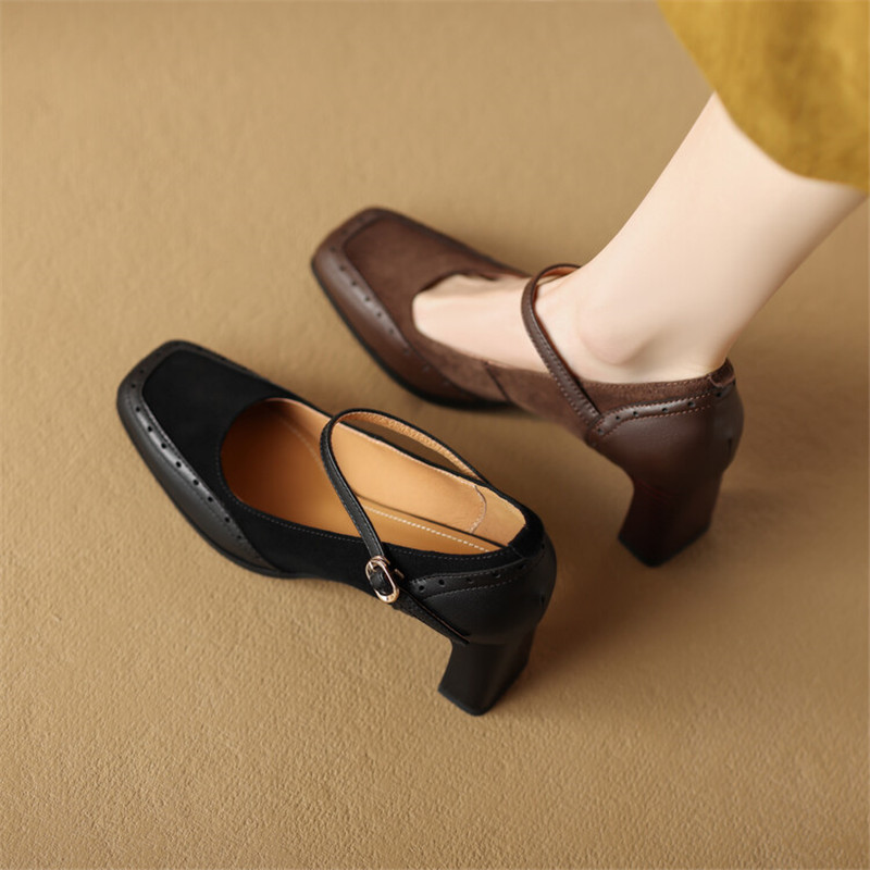2025 new Spring New Sheep Suede Square Toe Pumps Fashion Brogue Designs Mary Jane Shoes for Women Chunky High Heels bba6