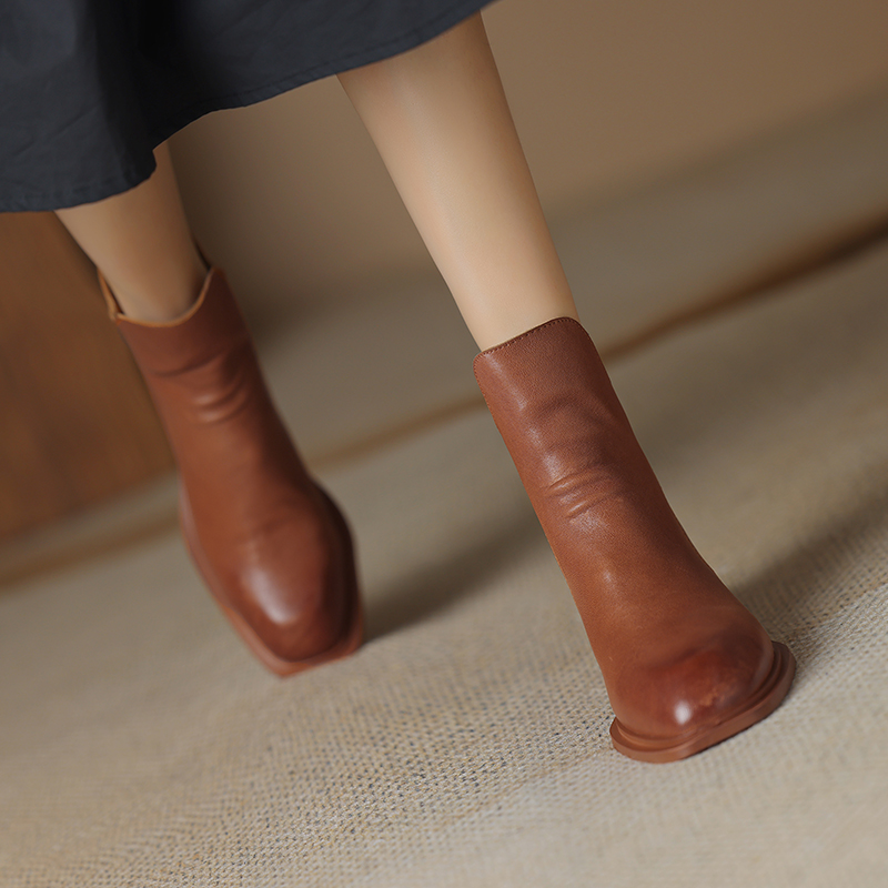 2024 Genuine Short Autumn/Winter Shoes Chunky Heel Women Retro Ankle Handmade Leather Boots 9172