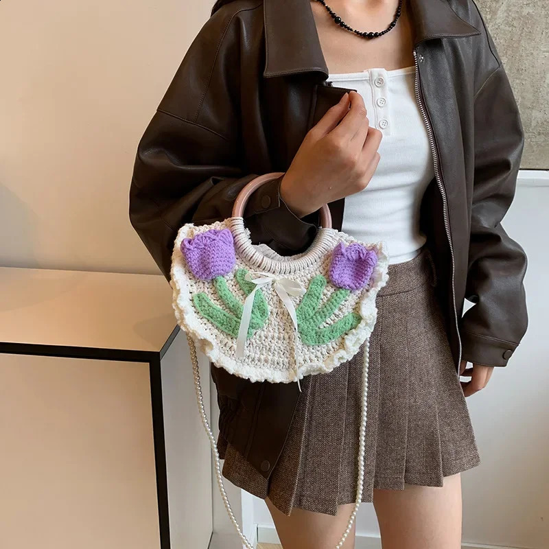 Bohemian Rose Crochet Handbag Half Moon Knitted Shoulder Bag Womens Round 240913