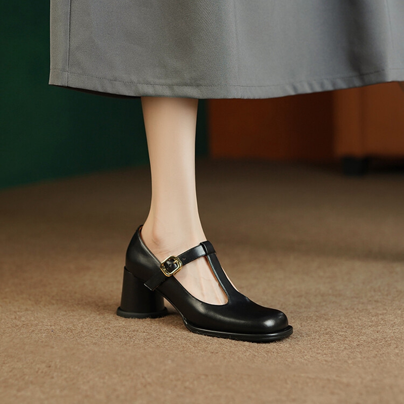 2025 new Spring 2023 Pumps Split Leather for Women Toe Chunky Retro Round Heel Mary Janes Solid Black Shoes 0d29