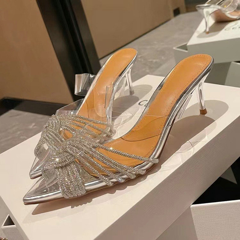 Summer 2024 New Transparent Cross Sparkg Dia-pointed Thin Heels Sexy Wedding Shoes Bao Head High-heeled Sandals 2a29