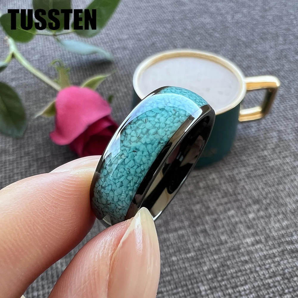 Drop TUSTEN 4/6/8MM Multico tungsten engagement and wedding ring for men with crushed turquoise inlay for a comfortable fit 240905