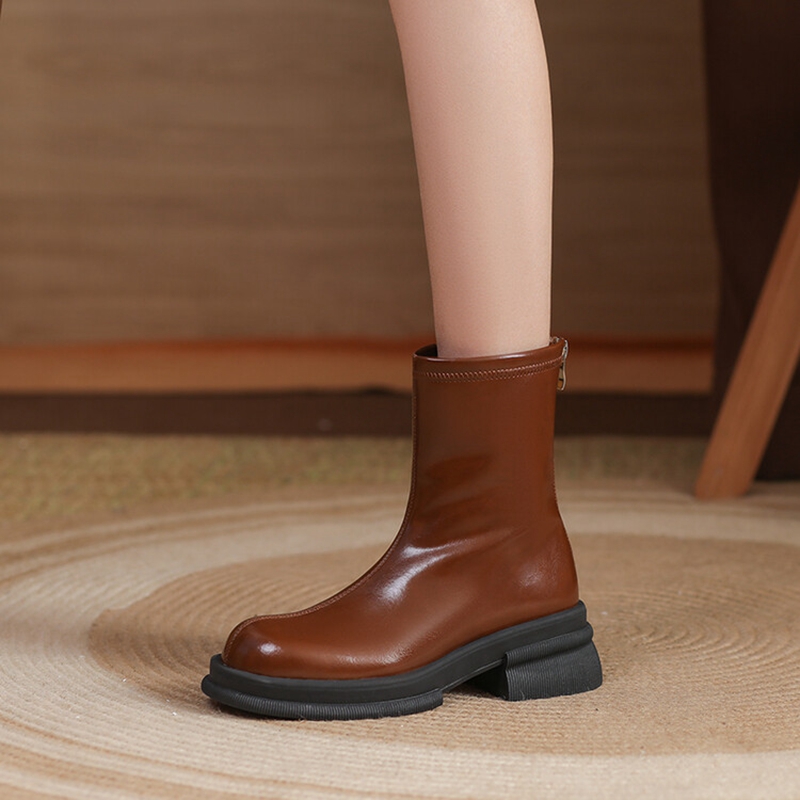 Winter NEW Round Toe High Shoes Split leather for Women Chunky Heel Black Warm Wool Boots 7447