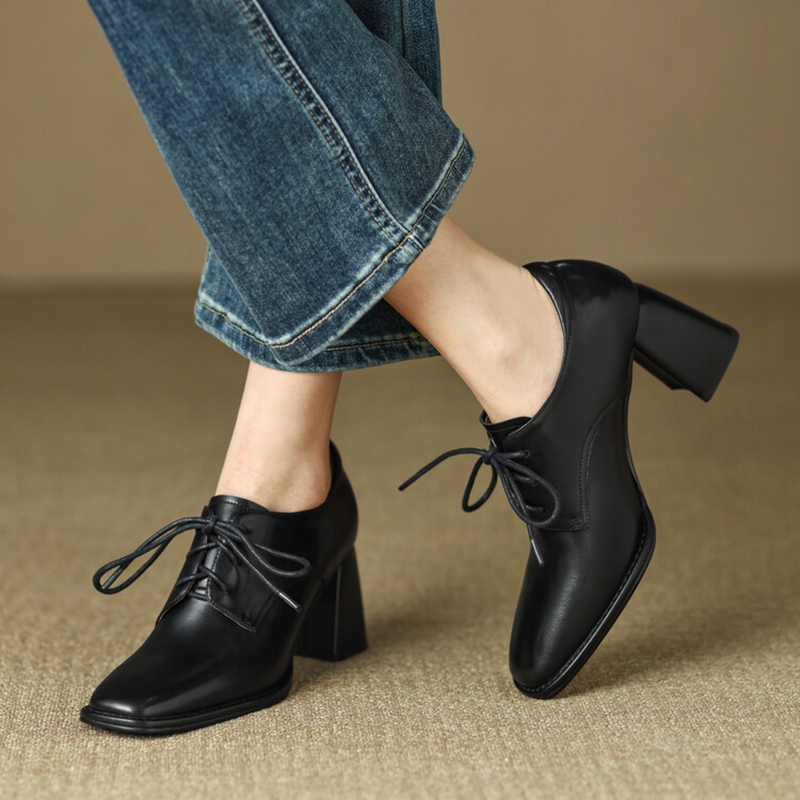 Spring/Autumn NEW Loafers Square Toe New High heels Split Leather Chunky Heel Pumps Women Plus Size Retro Lace Up Black Shoes 6906