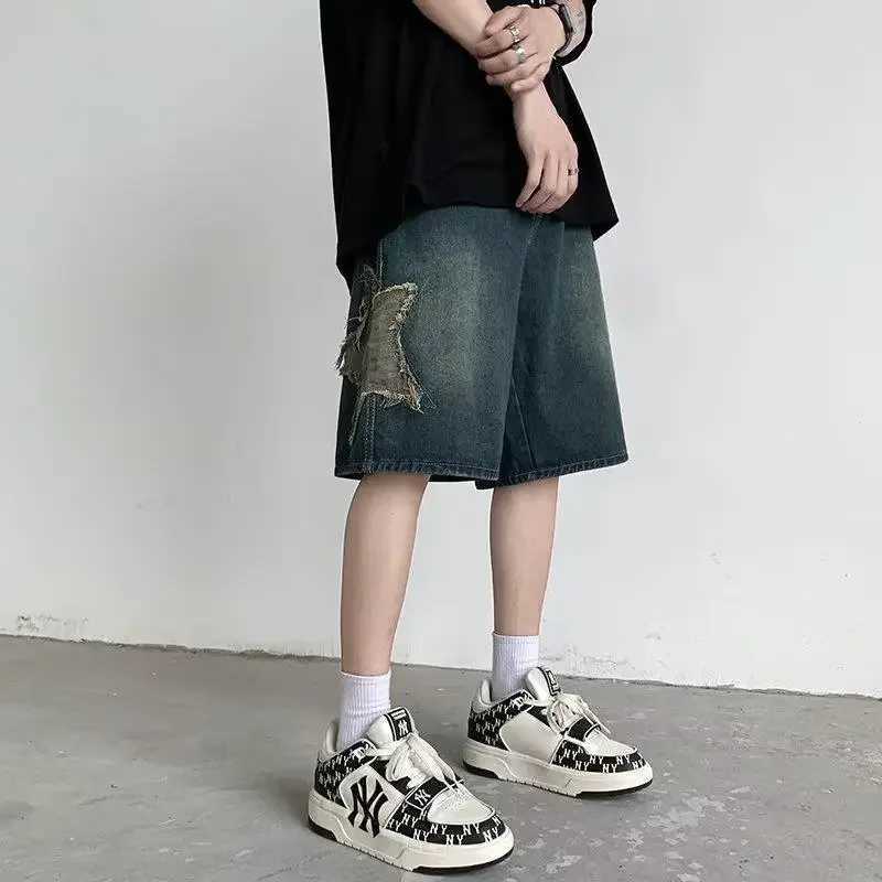 2023 Summer New Denim Shorts American Style Embroidered Star Quilted Straight-leg Loose-fit Wide Leg Five-point LengthX240914
