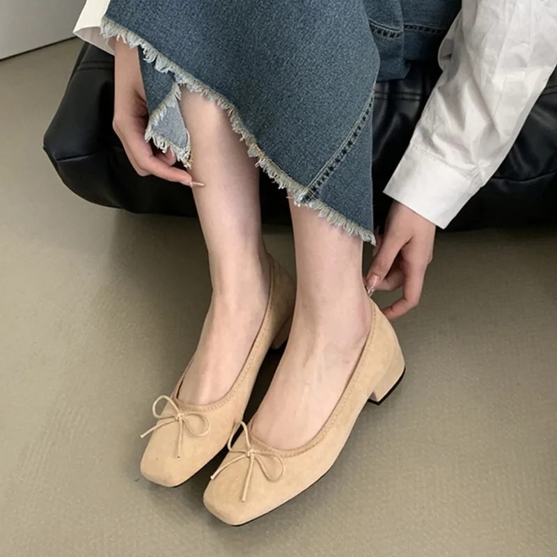 Retro Suede Woman Shoes Elegant Shallow Mouth Square Toe New Dress Slip on Laofers Chunky Low Heel Elegant Solid Moccasin Pumps