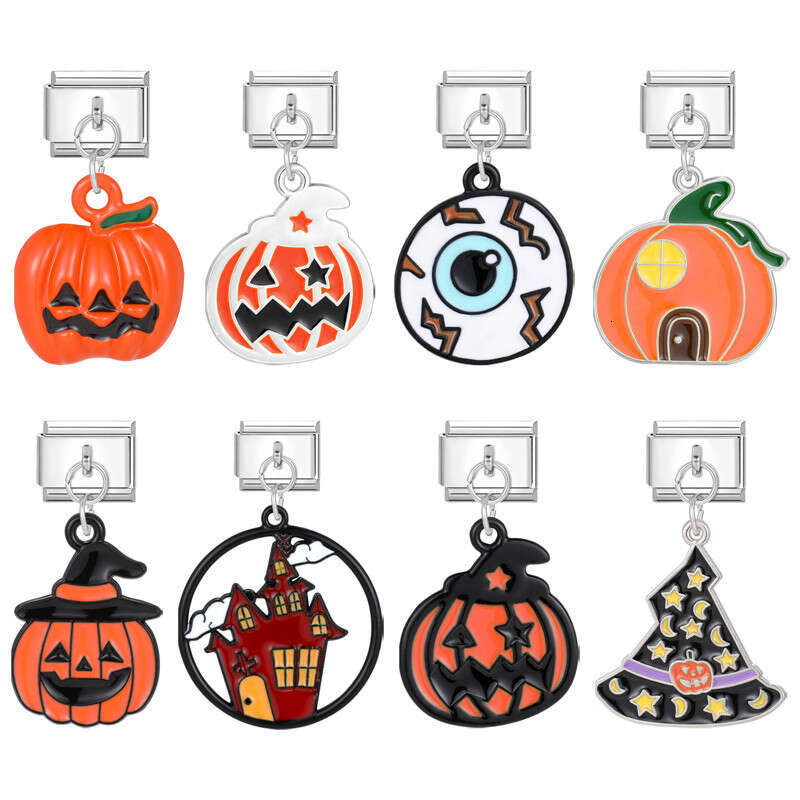 New Women's Gift Halloween Pumpkin Lamp Pendant Italian Charms Links Bangle Beads Fit 9mm Stainless Steel Bracelet Making DIY For Women Fashion J