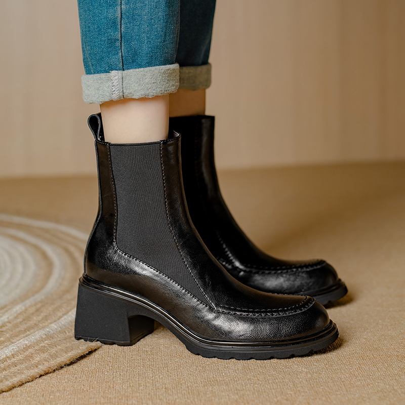 New Autumn Winter Genuine Leather Fashion Round Toe Women Short Boots Chunky Heel Ladies Shoes e3f1