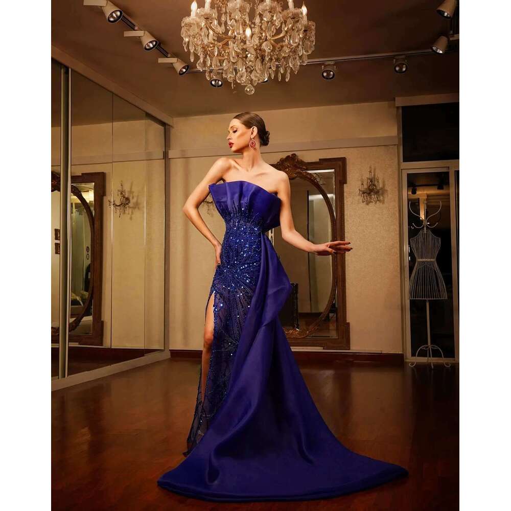 Illusion Evening Dresses Straight Strapless Split Beading Sequined Sleeveless Prom Gown Party Dress Vestido De Noite Custom Made