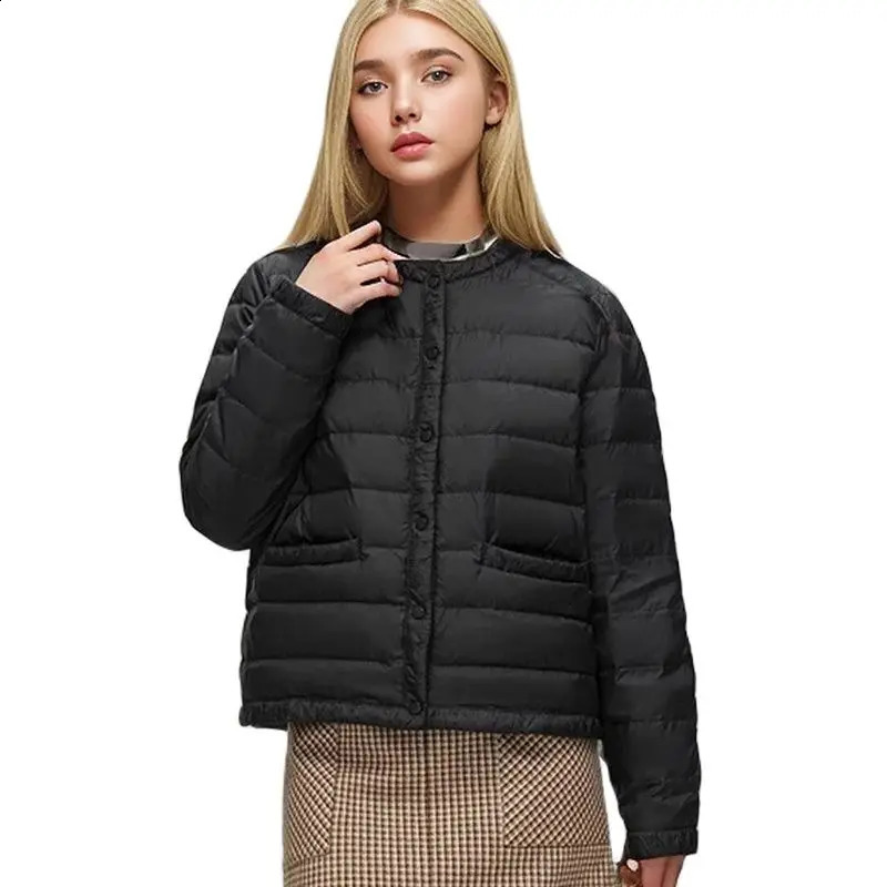 Womens lightweight black and white round neck pocket pleated long sleeved thin down jacket used for spring and autumn outerwear and underwear 240913