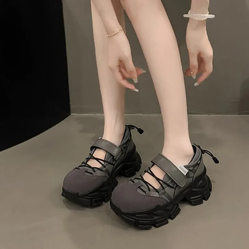 Retro Thick Bottom Mary Jane Shoes Women New Fashion Chunky Heel Women's Sneakers Black Gray Heightening Shallow Single Shoes