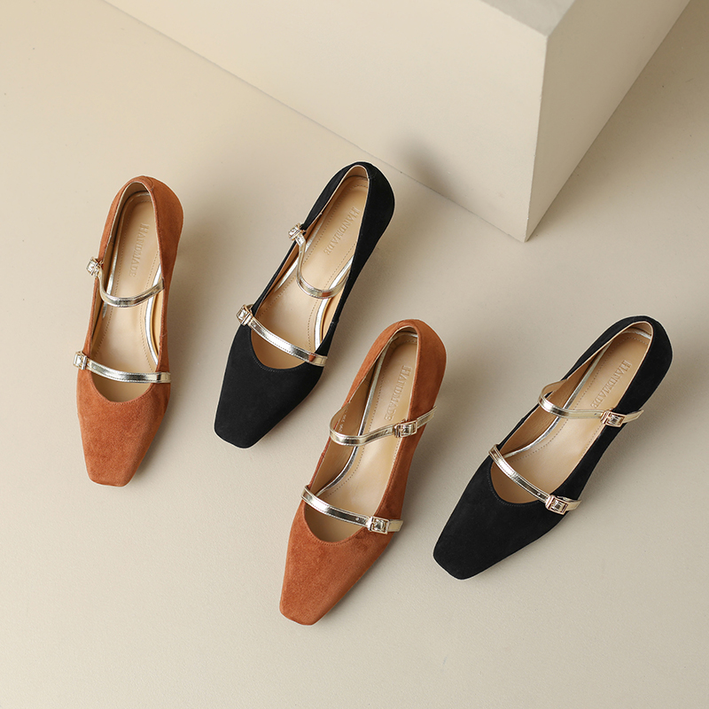 2024 Spring Pumps Kid Suede Genuine Leather New High Heels pointed Toe Chunky Heel for Women Mary Janes Shoes Gladiator a3a6