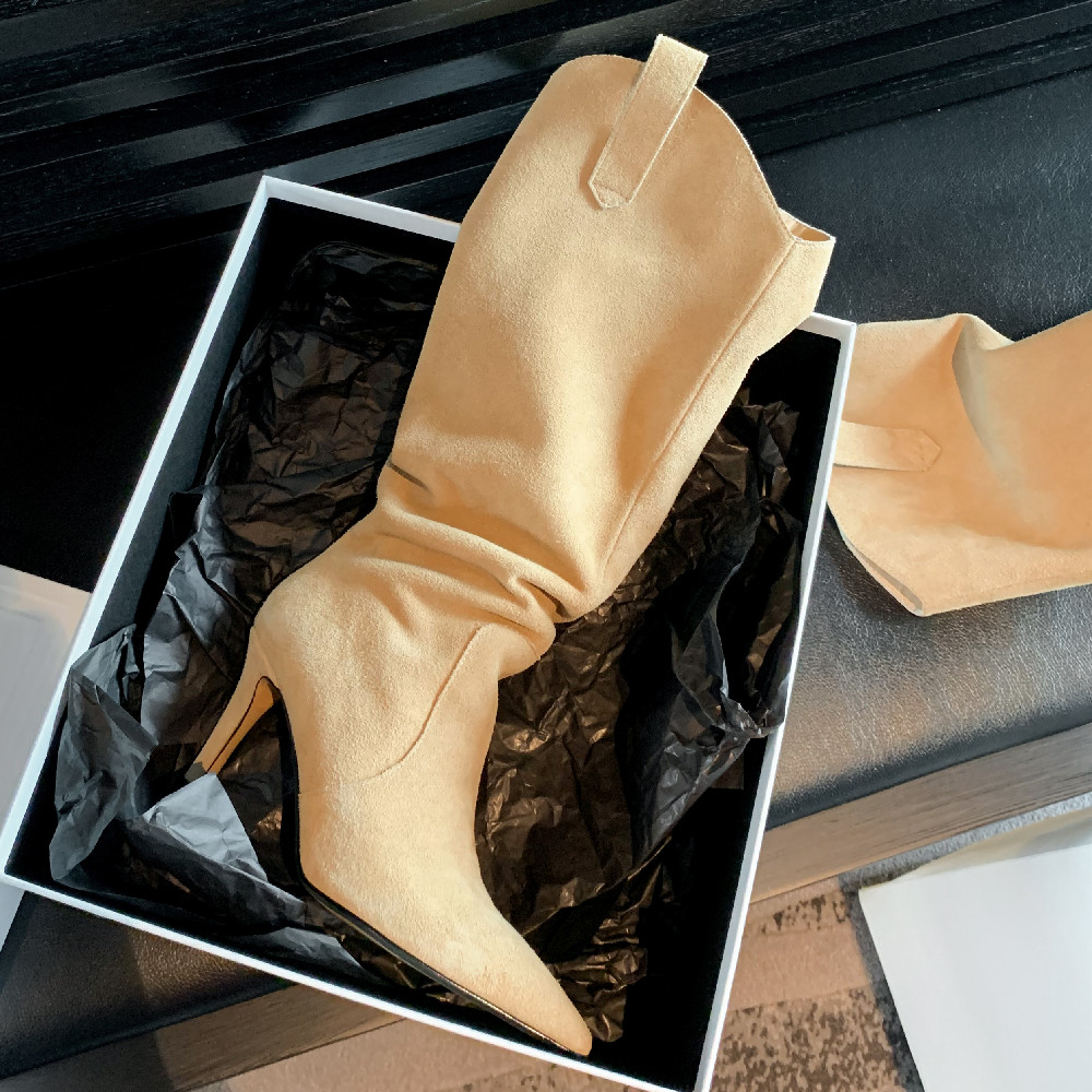 Elegant ladies thin high heel pointed toe slip-on autumn knee high boots natural suede leather female high boots shoes for women