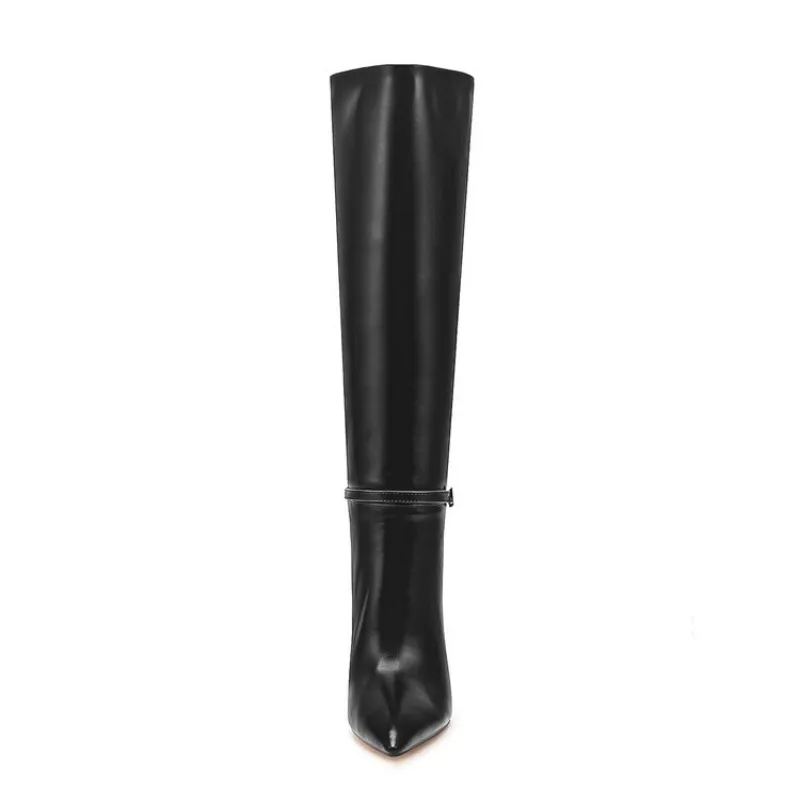 New Solid Color Belt Buckle Decoration High Heels Knee High Boots European American Fashion Pointed Spicy Women Boots Size 35-46