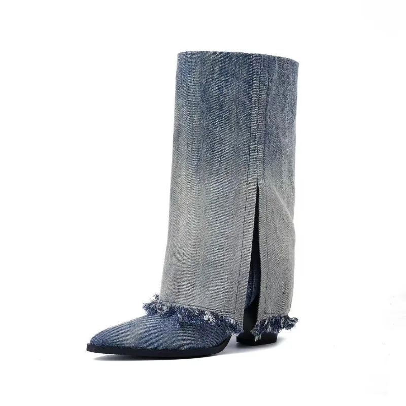 Black Blue Gradient Washed Denim Fringed Skirt European American Fashion Women's Coarse Heel Western Jeans Pants Boots
