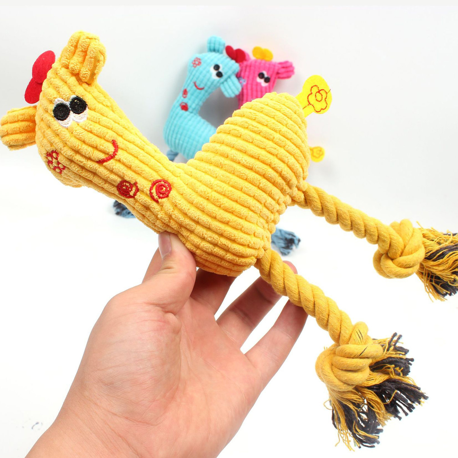 Dog Plush Toy Puppy Chewing Woven Rope Flannel Giraffe Shape Safe Cute For Pet Teeth Cleaning Pink