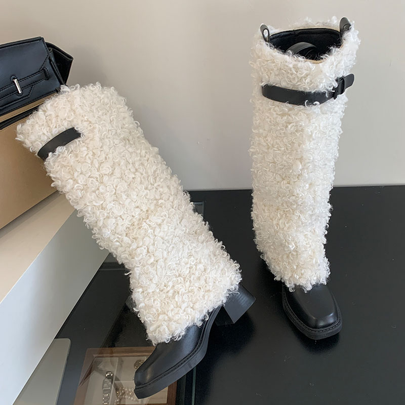 New Fashion Fur Women Modern Knee High Boots Female Warm Designer Furry Footwear Ladies Long Booties With Heels Shoes