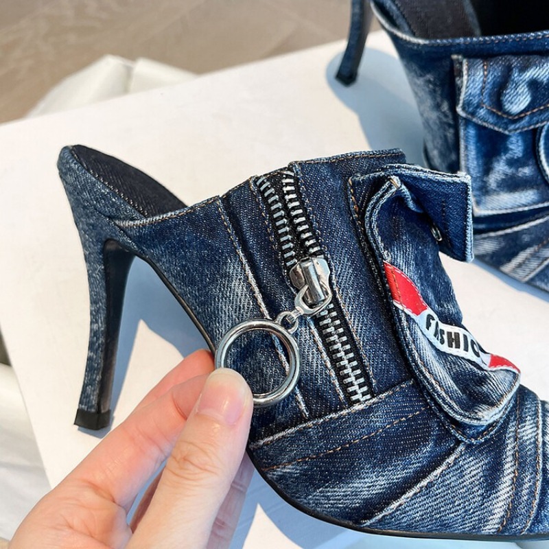 Pocket New Retro Side Zip Lady Slippers Pointy Toe Stiletto Patchwork Sexy Ladies High Heels New Washed Denim Sandals 7cb6
