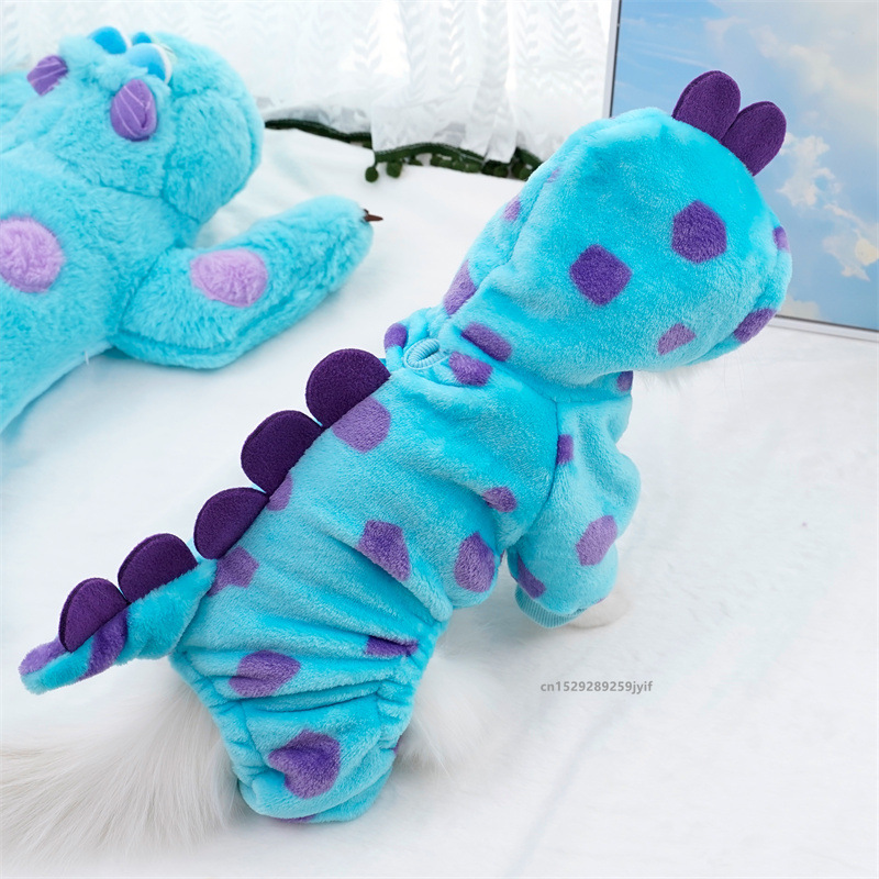 Dino Dog Coat! Blue Dinosaur Hooded Costume for Small Dogs - Thickened Warm Puppy Cat Winter Clothes, Jurassic Pet Apparel All Sizes