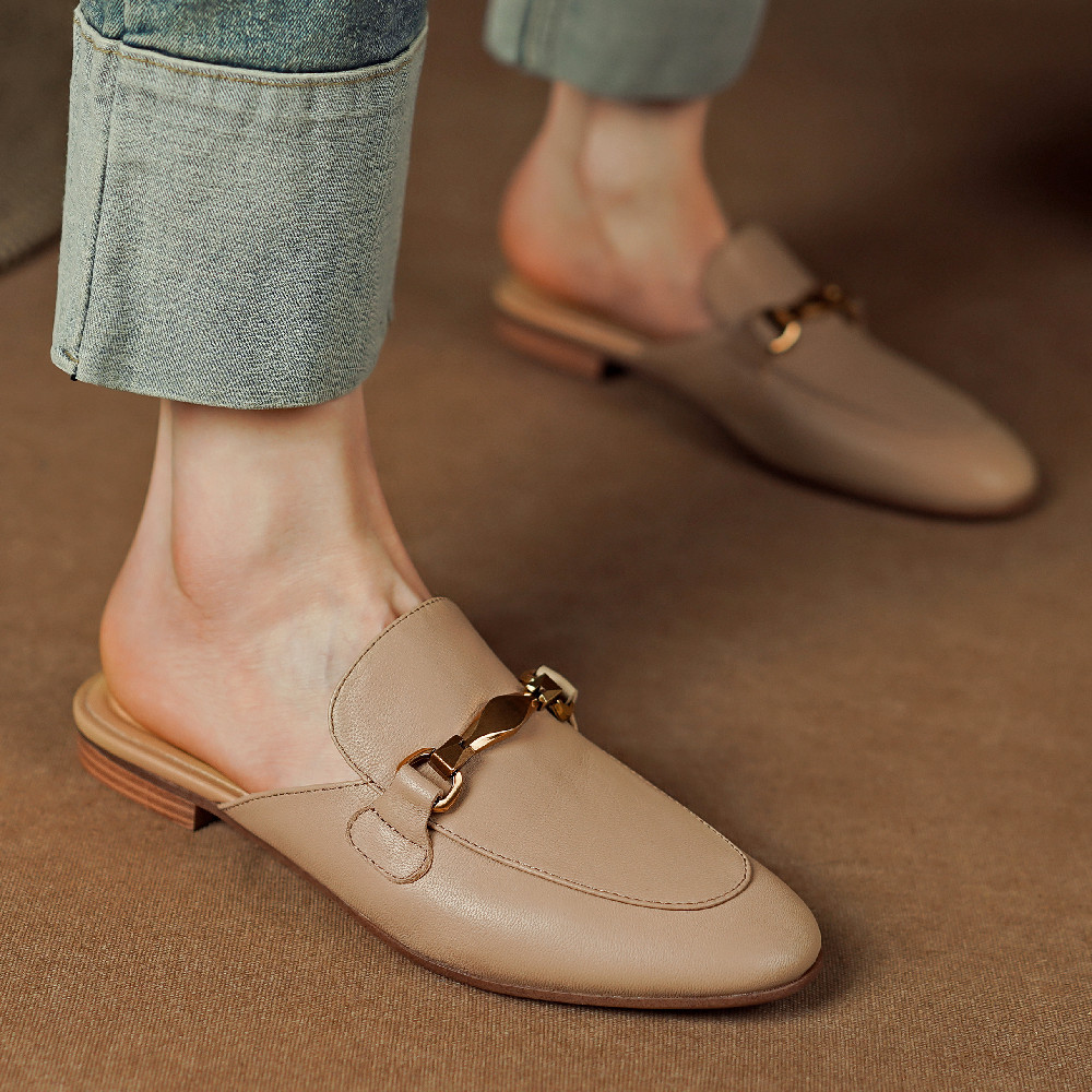 Women's sheepskin slip-on flats mules round toe leisure soft comfortable high quality summer slides casual daily shoes for woman