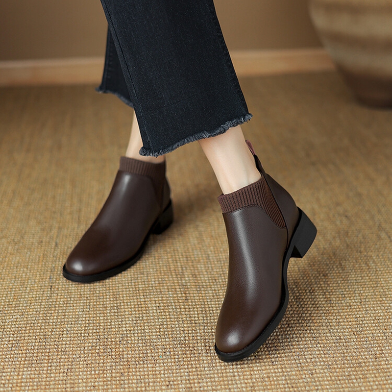 Autumn NEW Round Toe Chunky Heel Split Leather Shoes for Women Casual Slip-on Ankle Black Handmade Boots 3772
