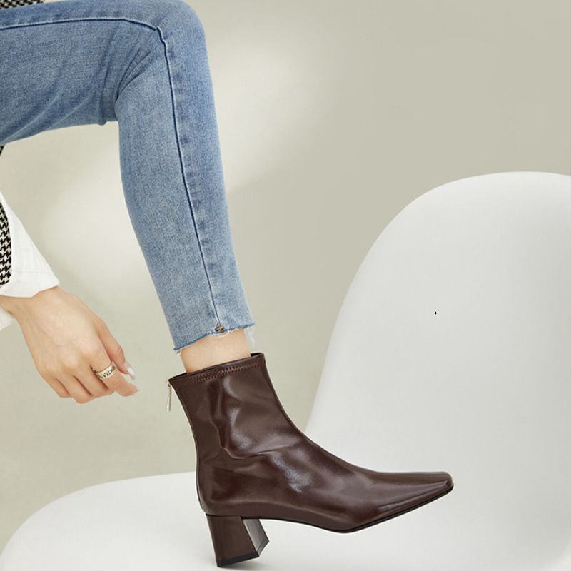 JOZHAMTA Size 35-40 New Ankle Boots Retro Square Toe Chunky High Heels For Women Winter Shoes 2023 Fashion Zipper Booties