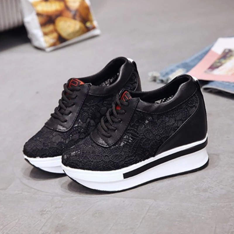Womens Wedge Heel Mesh Sneakers Women's Shoes Thick Sole Sneakers Breathable Casual Shoes Lace Up Height Increasing White Tenis