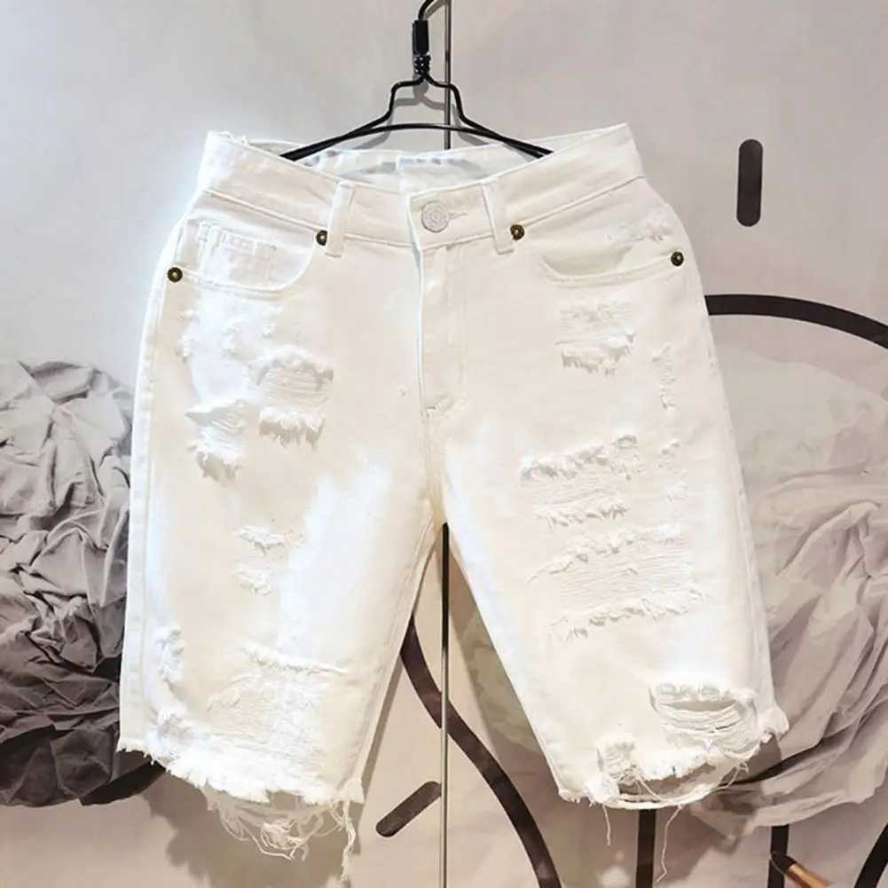 White Jeans Shorts Men All-match Fashion Ripped Hole Slim Stretch Shorts Streetwear Hip Hop Denim Shorts for men X240914