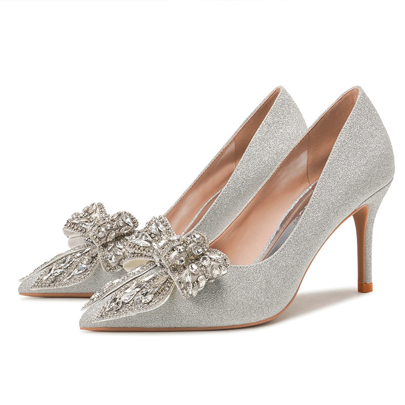 Luxury Wedding Shoes 2024 New Silver Rhinestone Bow Sequined High Heels Female Stiletto Bridal Shoes