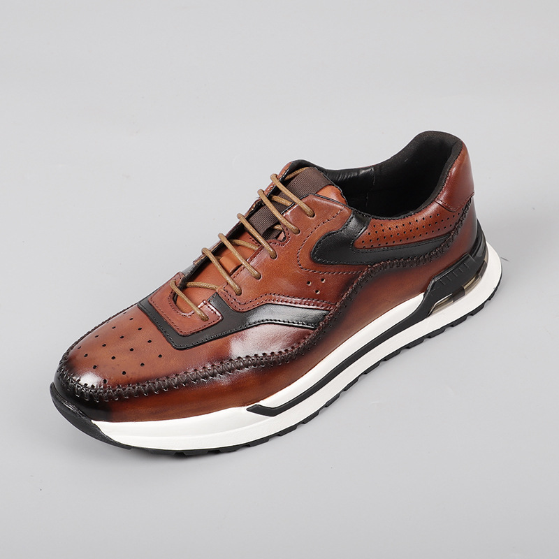 High-end Men's Real Cow Leather Casual Shoes Fashion European 2024 Autumn Luxury Comfortable Solid Color Blue Brown Sneakers
