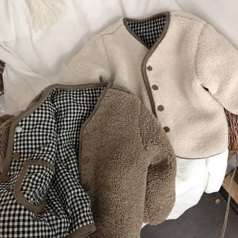Children Winter Double Sided Wear Jacket Coats Korean Baby Boys Girls Lambswool Plaid Single Breasted Warm Outerwear 240906