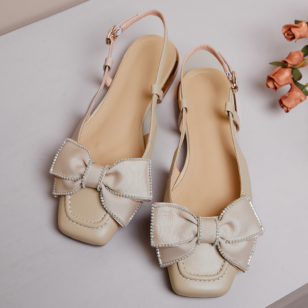 genuine Women's leather sgback slip-on sandals square toe sweet bowtie korean style summer New flats sandalias shoes women 2108