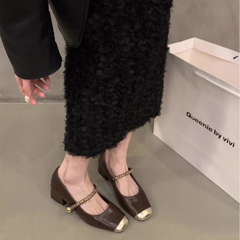 Simple square head thick temperament single 2024 spring fashion patchwork with New skirt shoes