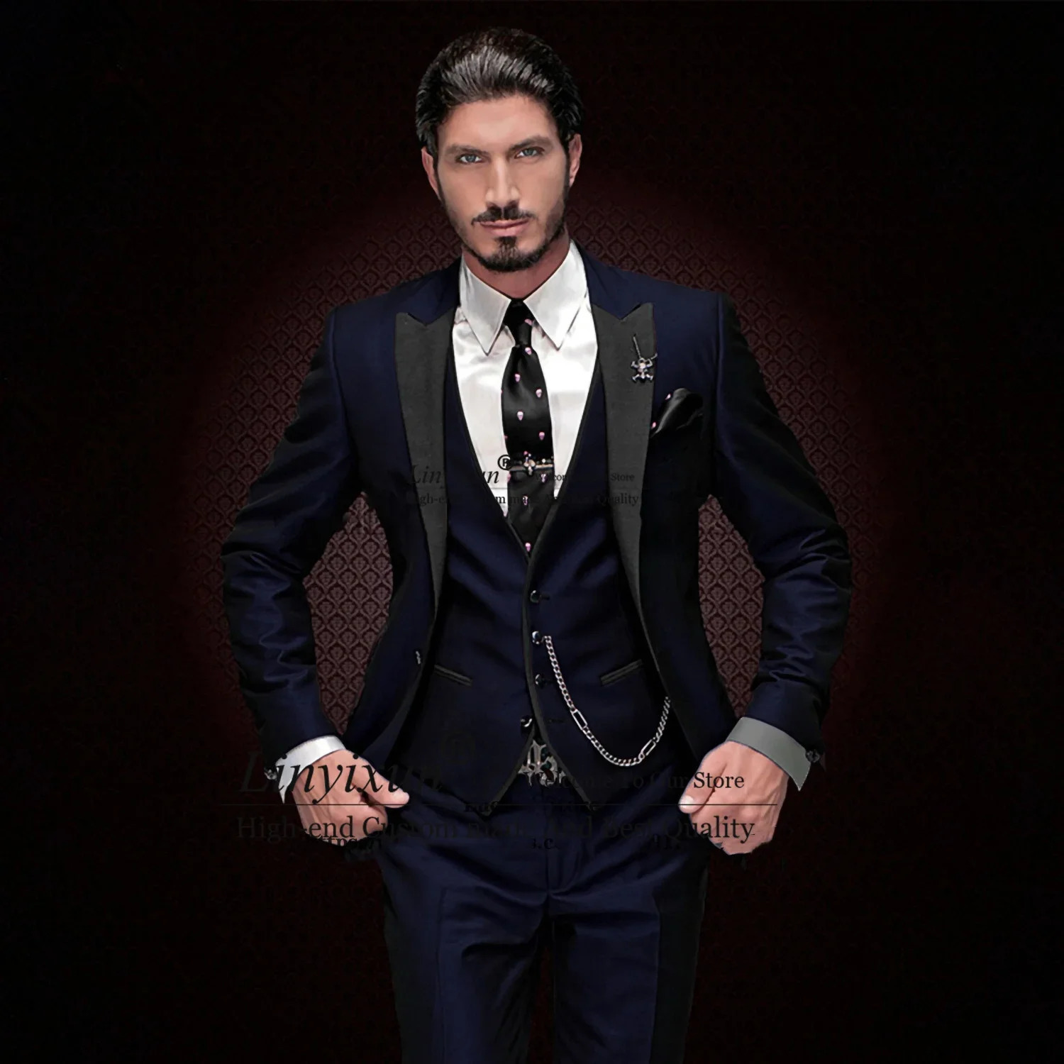 Classic Black Slim Fit Mens Suits ed Lapel Wedding Groom Tuxedo 3 Piece Jacket Vest Pants Set Male Business Masculino Blazer 240905