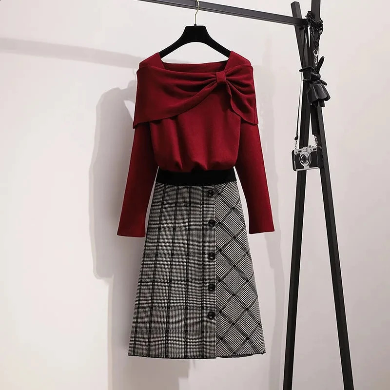 Red Bow Slant Neck Knitted Long Sleeve Floral Womens Sweater Black Checkered High Waist Womens Two Piece Set Long Sleeve Skiing 240905
