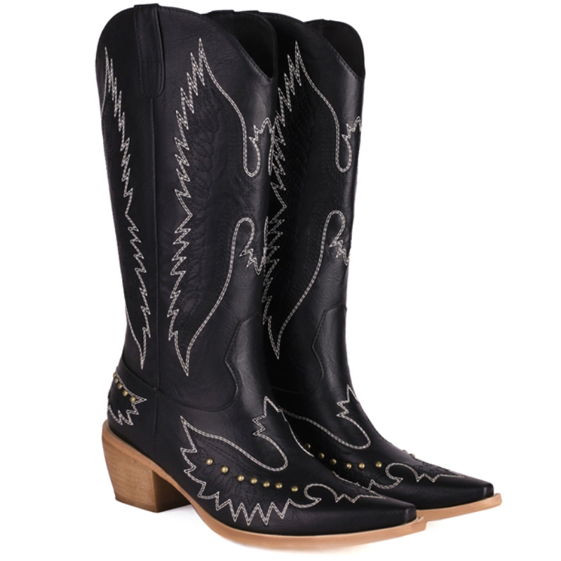 Cowboy Western Cowgirls Boots Women Winter Short Heels Knee High Boot Fashion Black Red Long Party Shoes Female Footwear 109c