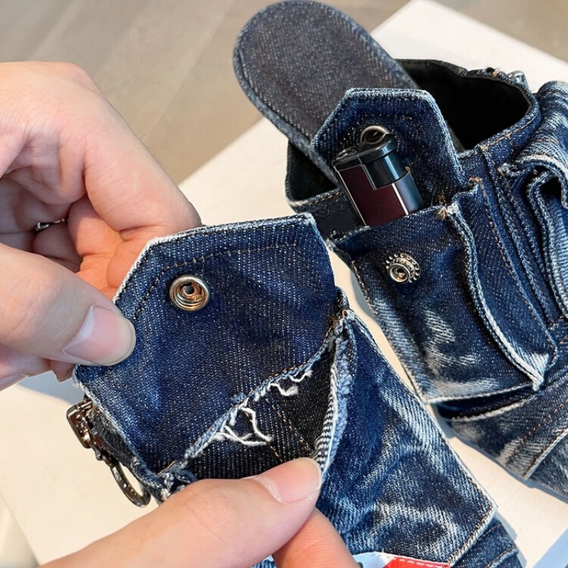 Pocket New Retro Side Zip Lady Slippers Pointy Toe Stiletto Patchwork Sexy Ladies High Heels New Washed Denim Sandals 7cb6