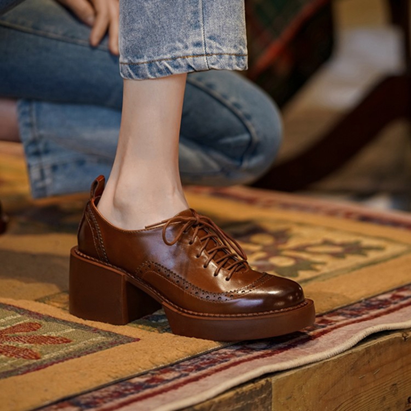 Spring/Autumn NEW Pumps Genuine Leather for Women Round Toe Chunky Heel Retro Brown Platform Ladies Shoes 4390 Platm