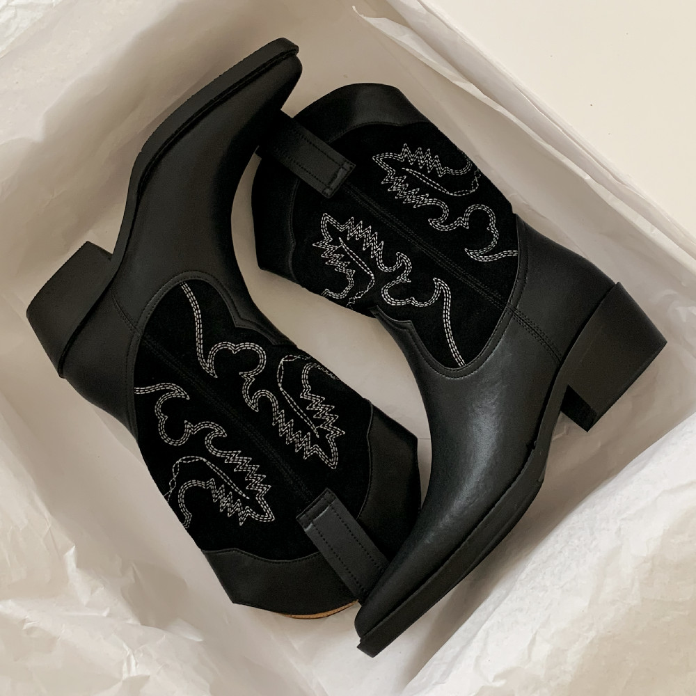 women's danxuefei genuine leather patchwork embroidery retro western mid-calf pointed toe 4.5cm thick med heel half boots af9b