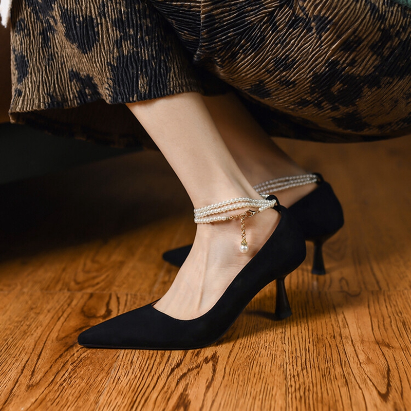 Spring NEW Pointed Toe Thin Heel Women Pumps Sheep Suede High Elegant Women's Stiletto Heels Pearl Party Shoes 8bec 's s