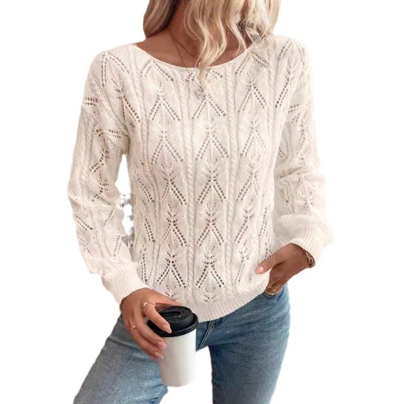 dongdumaoyi New women's knitted sweater fashionable pullover round neck long sleeved hollow solid color sweater top F0914#40