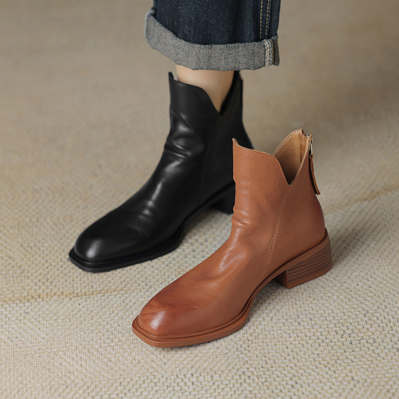2024 Genuine Short Autumn/Winter Shoes Chunky Heel Women Retro Ankle Handmade Leather Boots 9172