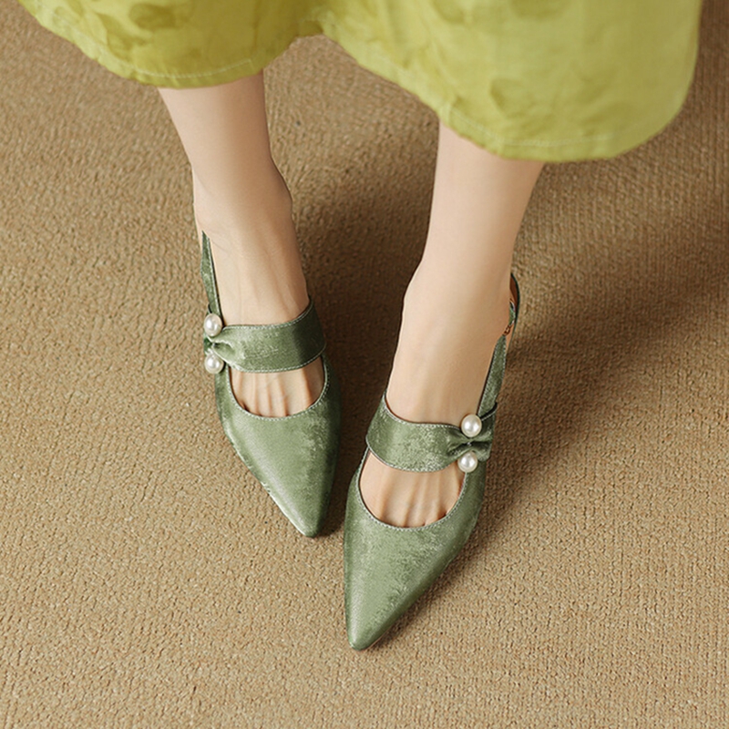 Summer NEW Split Leather for Pointed Thin Heel Cover Toe Sgback Shoes Women New Pearl Sandals 0d70