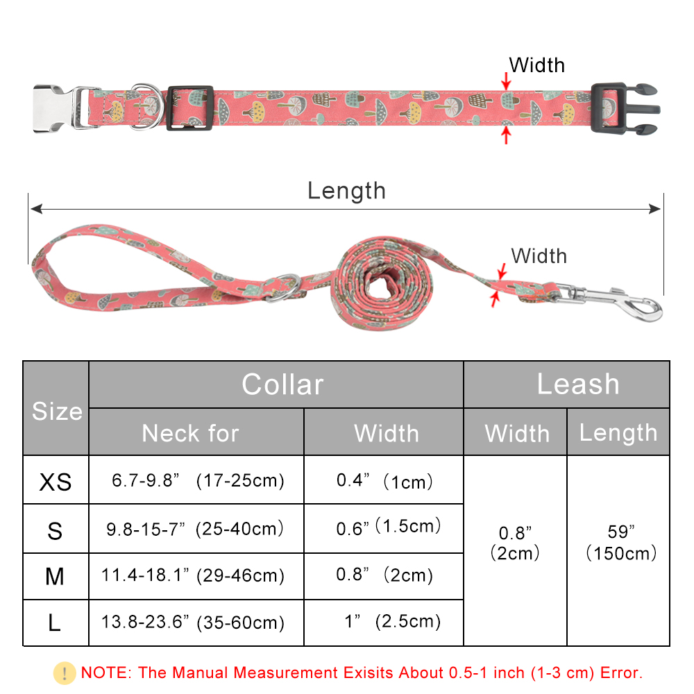 Dog Collar and Leash Set, Cartoon Pattern Dog Collar with Leashes Metal Buckle Adjustable Durable for Small Medium Large Dogs