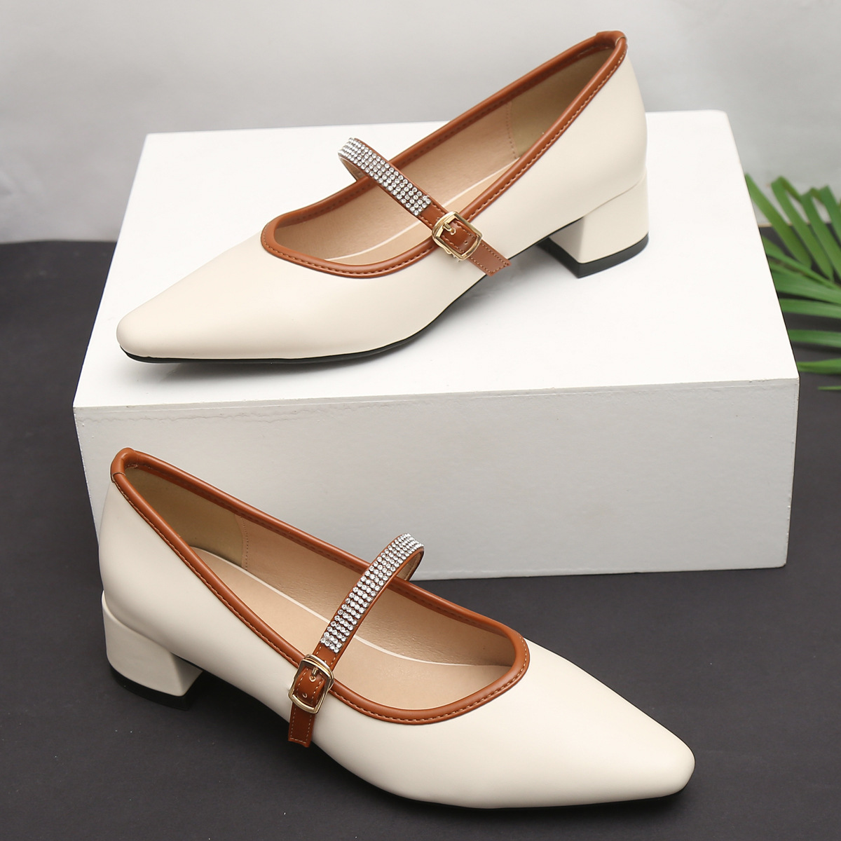 2025 new fc668 color Brand Mixed Designer low heel leather shoes woman pointed toe crystal ankle strap mary janes solid beige pumps big size 43