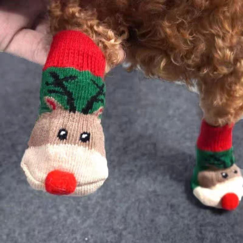 4pcs/set Christmas Winter Dog Socks Cute Pattern Foot Covers Warm Anti Slip Shoes Puppy Paw Protector Gift For Puppy Cat Dogs