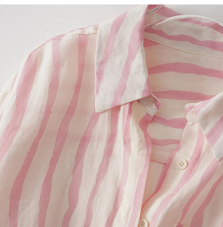 Retro striped womens shirt loose summer long sleeved top polo neck cotton linen womens shirt 240914