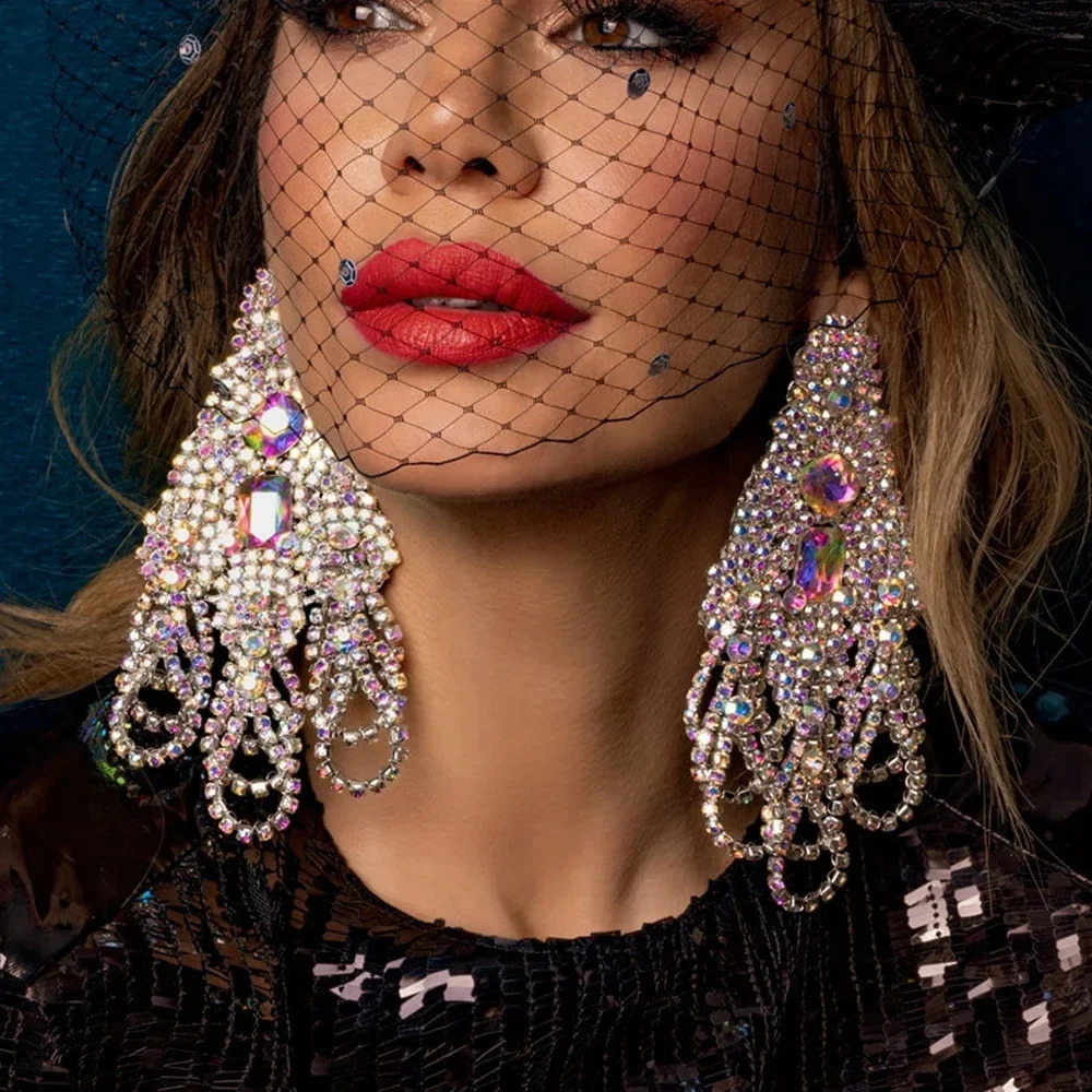 Statement Colorful Hollow Exaggerate Earrings Multilayer Prom Jewelry Elegant Large Rhinestone Dangle Earrings Christmas Gift 240914