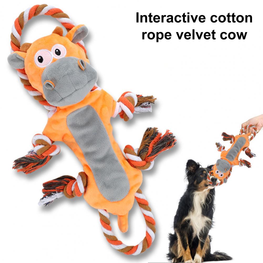Interactive Plush Dog Toy Cute Cow Design with Sounding Rope Teeth Cleaning Bite Resistant Relieve Boredom Soft Fabric Dog Toy